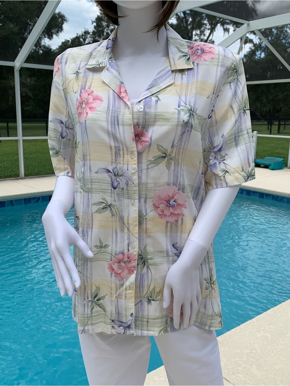 Alfred Dunner Floral Plaid Button Down Shirt - Pink, Green, Yellow, White